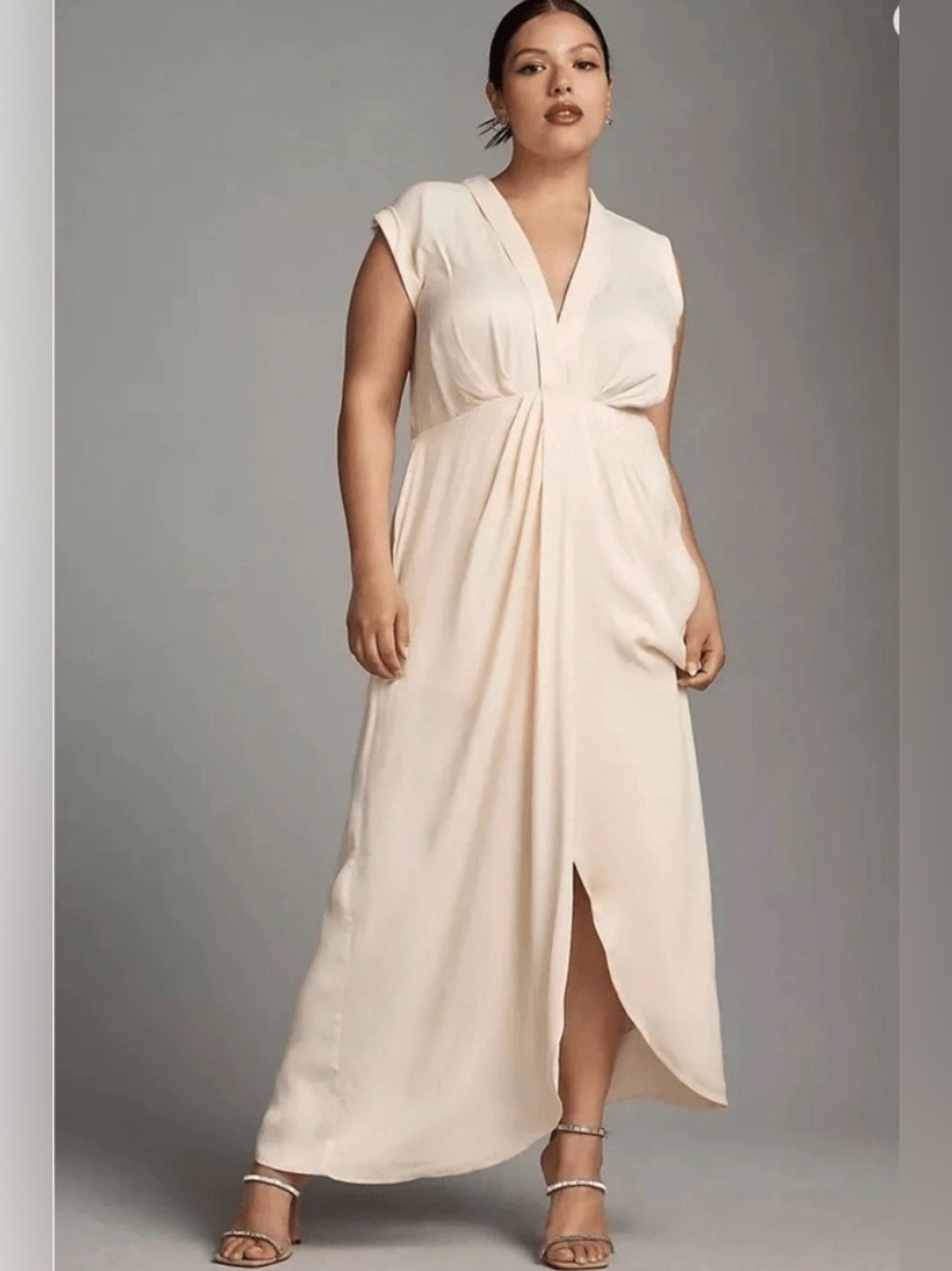 Anthropologie Sleeveless V-Neck Twist-Front Satin Dress Size 2 XS Ivory Maxi